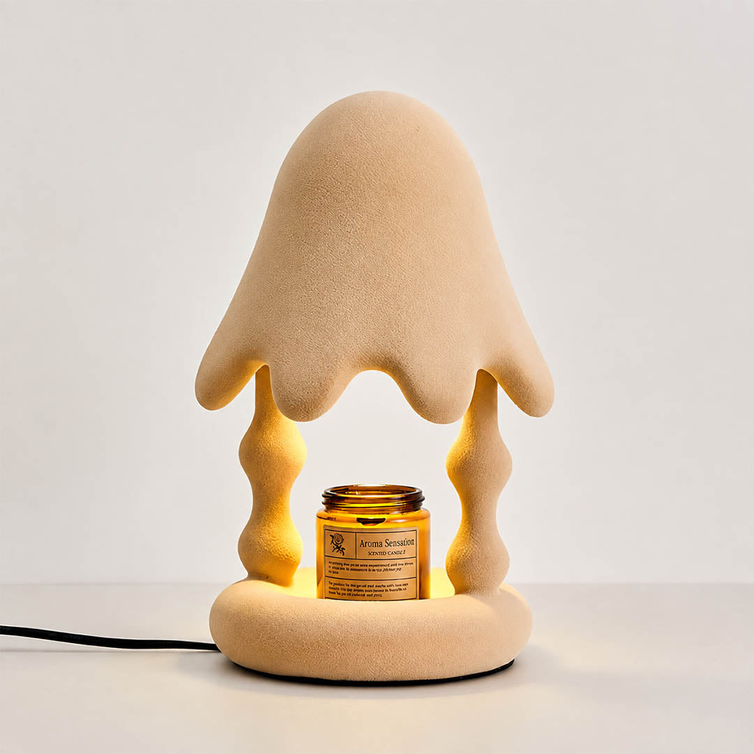 Pineo candle warmer lamp beige flocking resin cedar shape scent warmer white background front view