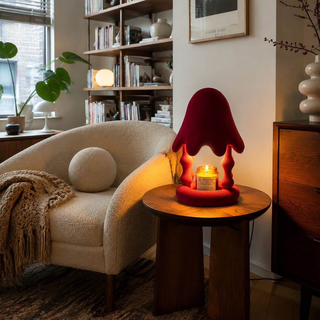 Pineo candle warmer lamp living room side table scent warming warm glow cedar shape elegant American home lifestyle interior styled