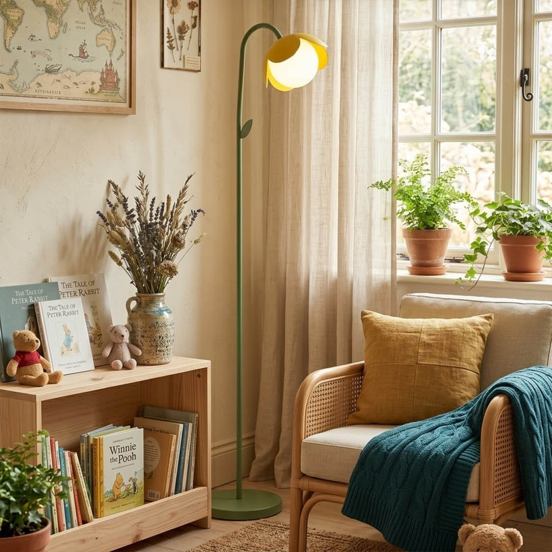 Pippa red floor lamp in neutral cream living room as statement piece reading corner pop of color