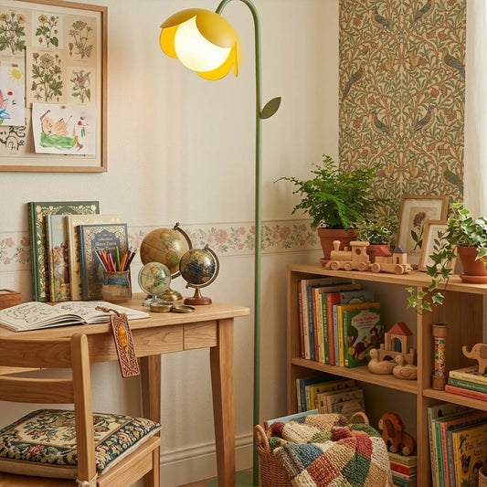 Pippa yellow floor lamp in bedroom corner mid century modern interior accent piece