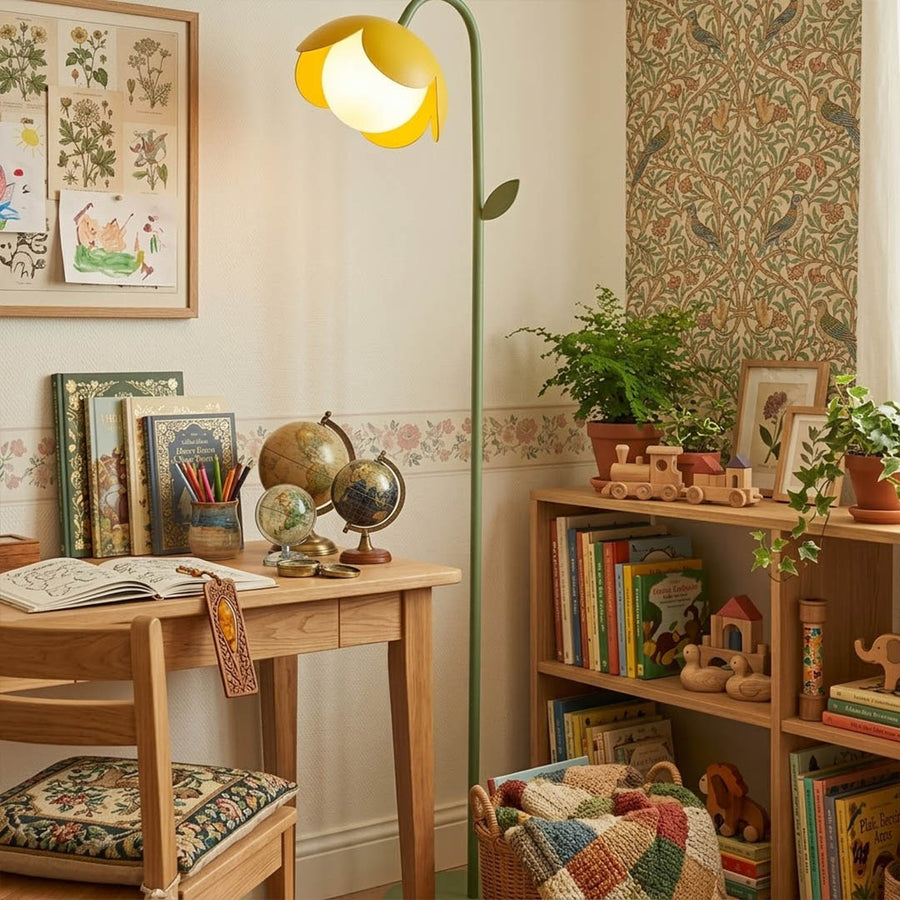 Pippa yellow floor lamp in bedroom corner mid century modern interior accent piece