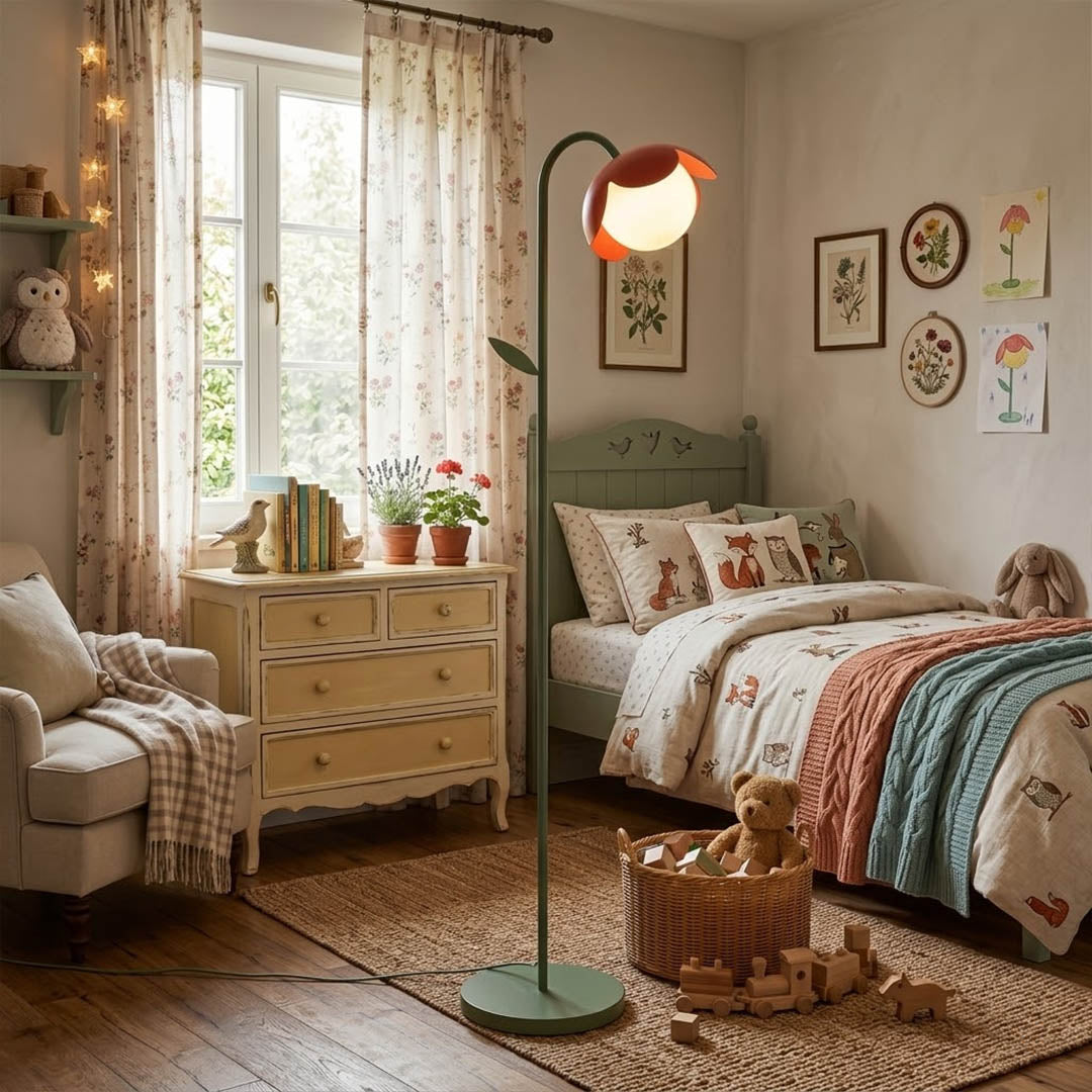 Pippa yellow floor lamp in bedroom corner mid century modern interior accent piece