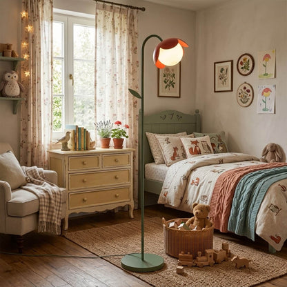 Pippa yellow floor lamp in bedroom corner mid century modern interior accent piece