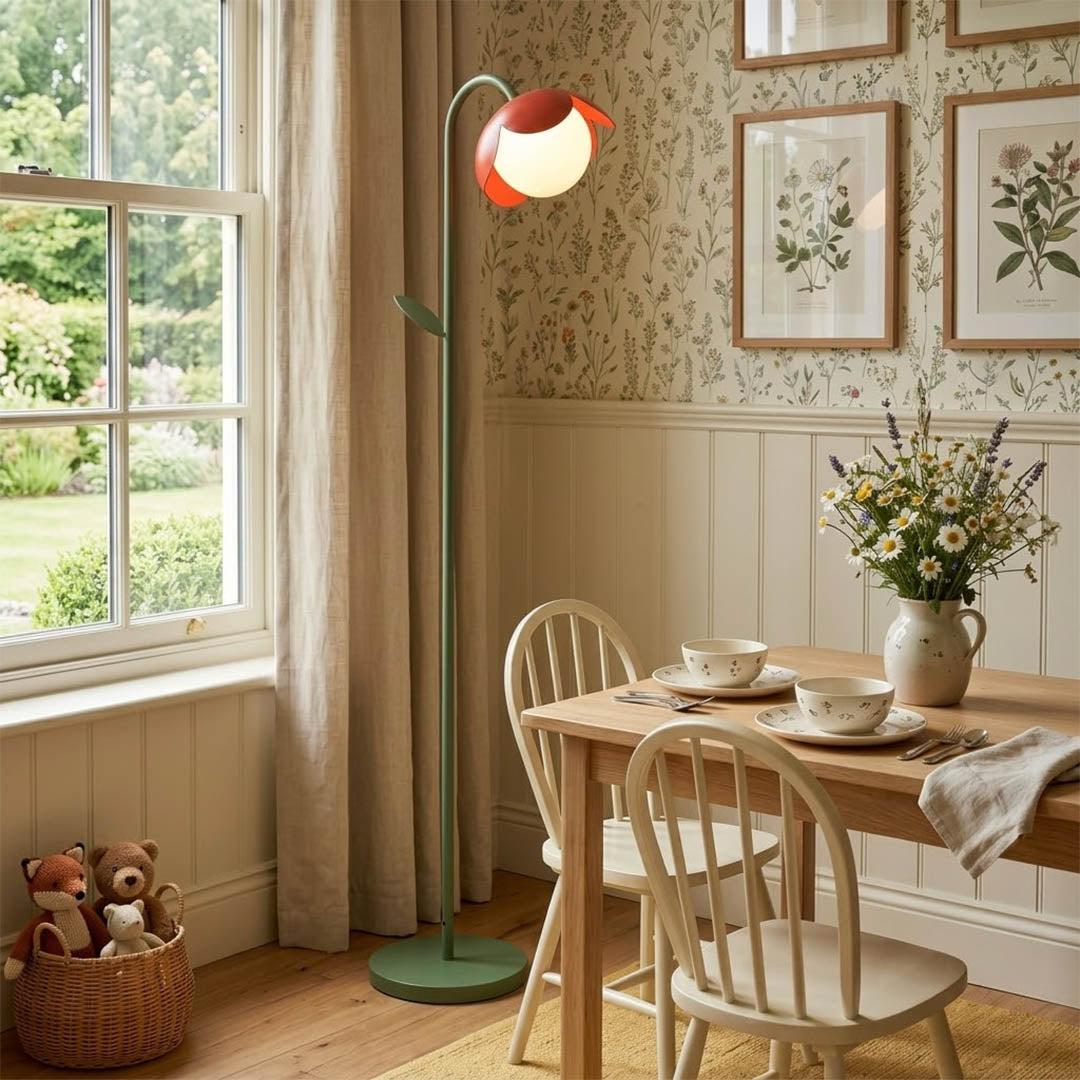 Pippa red floor lamp in neutral cream living room as statement piece reading corner pop of color
