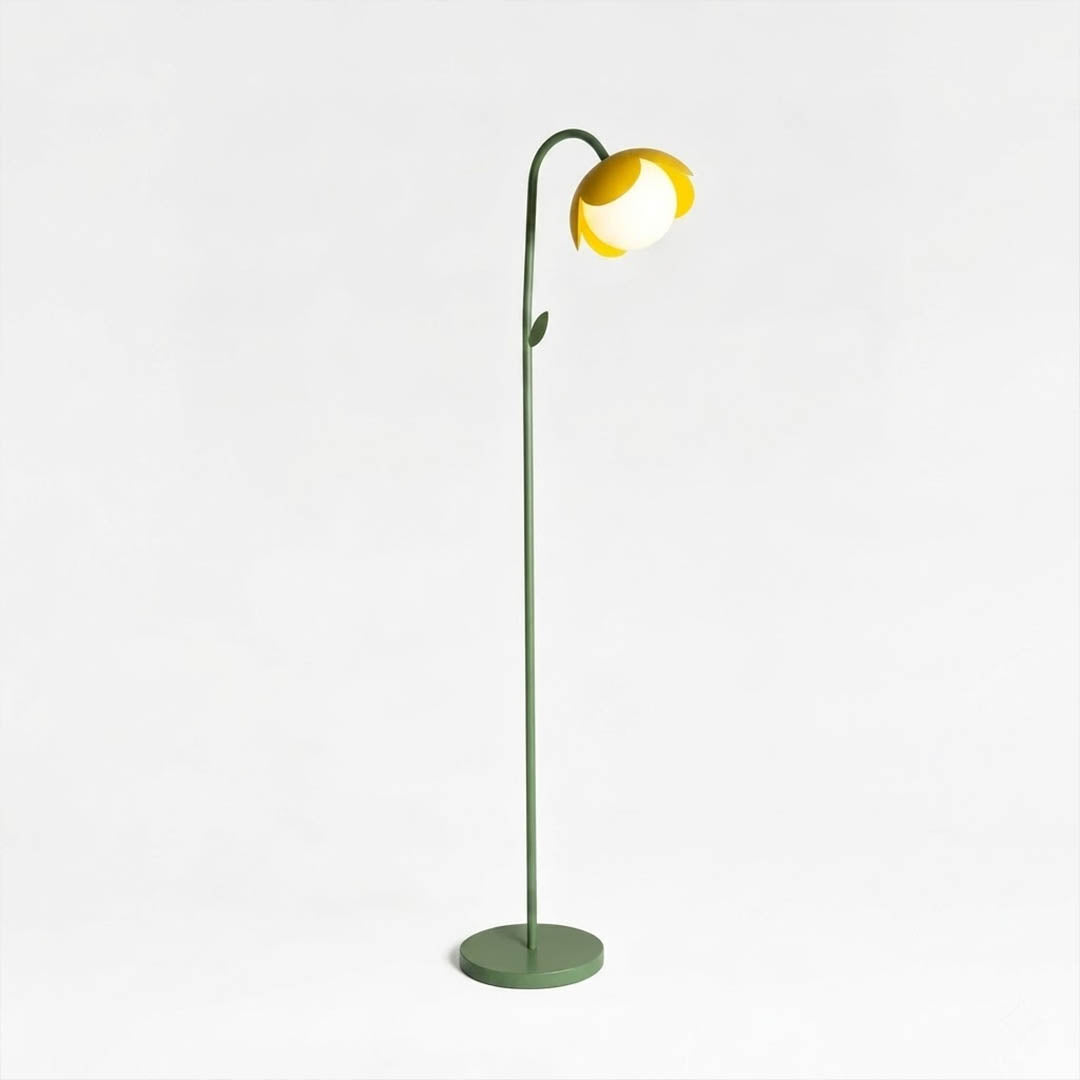Pippa pop art floor lamp sun yellow color sculptural cut metal opal glass white background