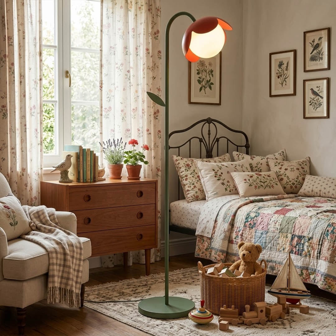 Pippa yellow floor lamp in bedroom corner mid century modern interior accent piece