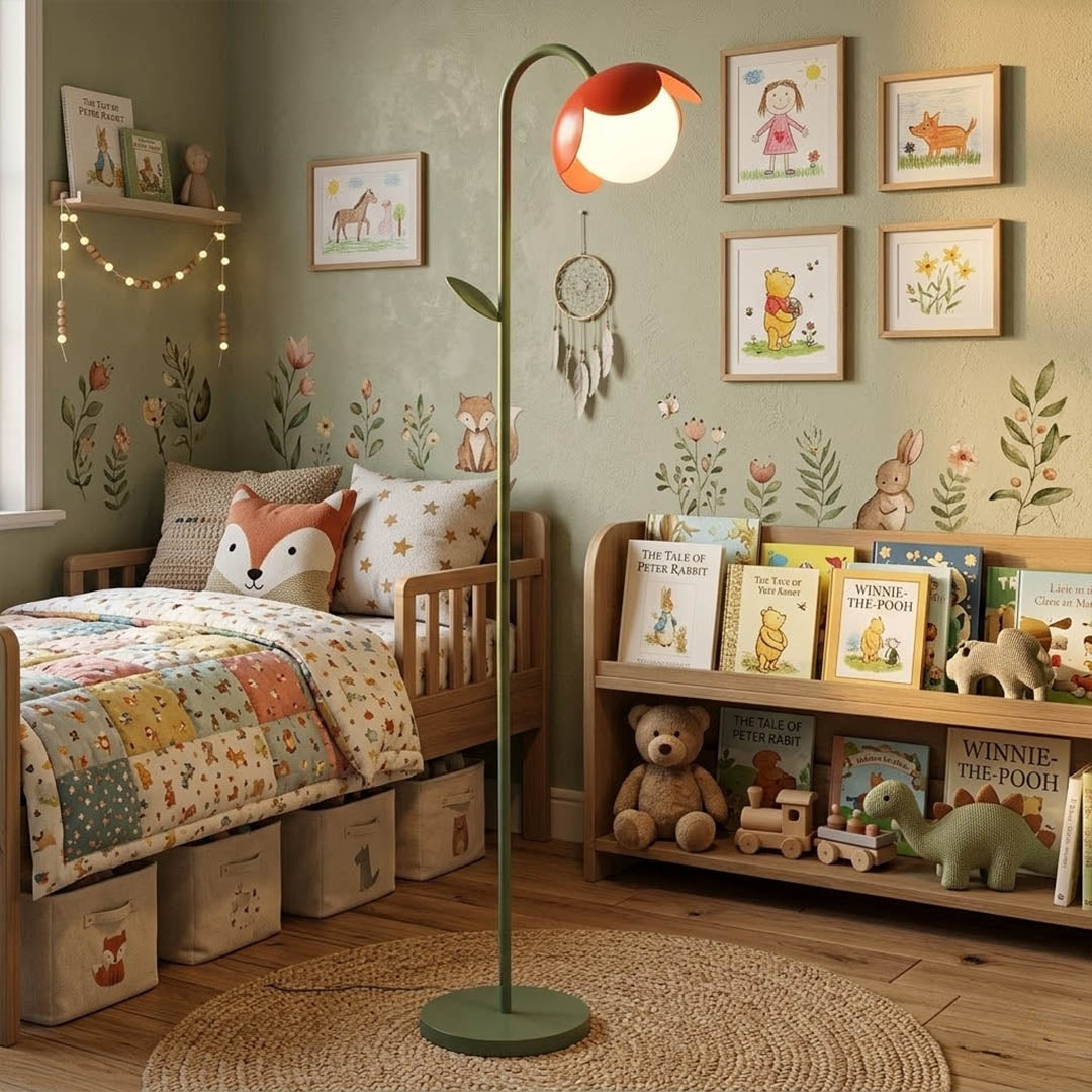 Pippa yellow floor lamp in bedroom corner mid century modern interior accent piece