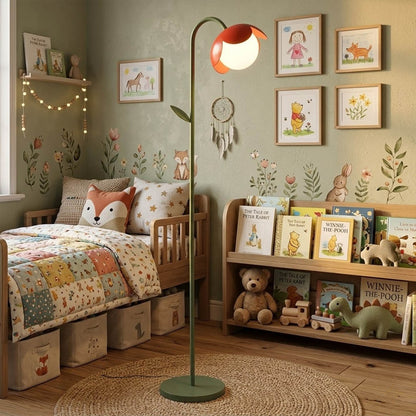 Pippa yellow floor lamp in bedroom corner mid century modern interior accent piece