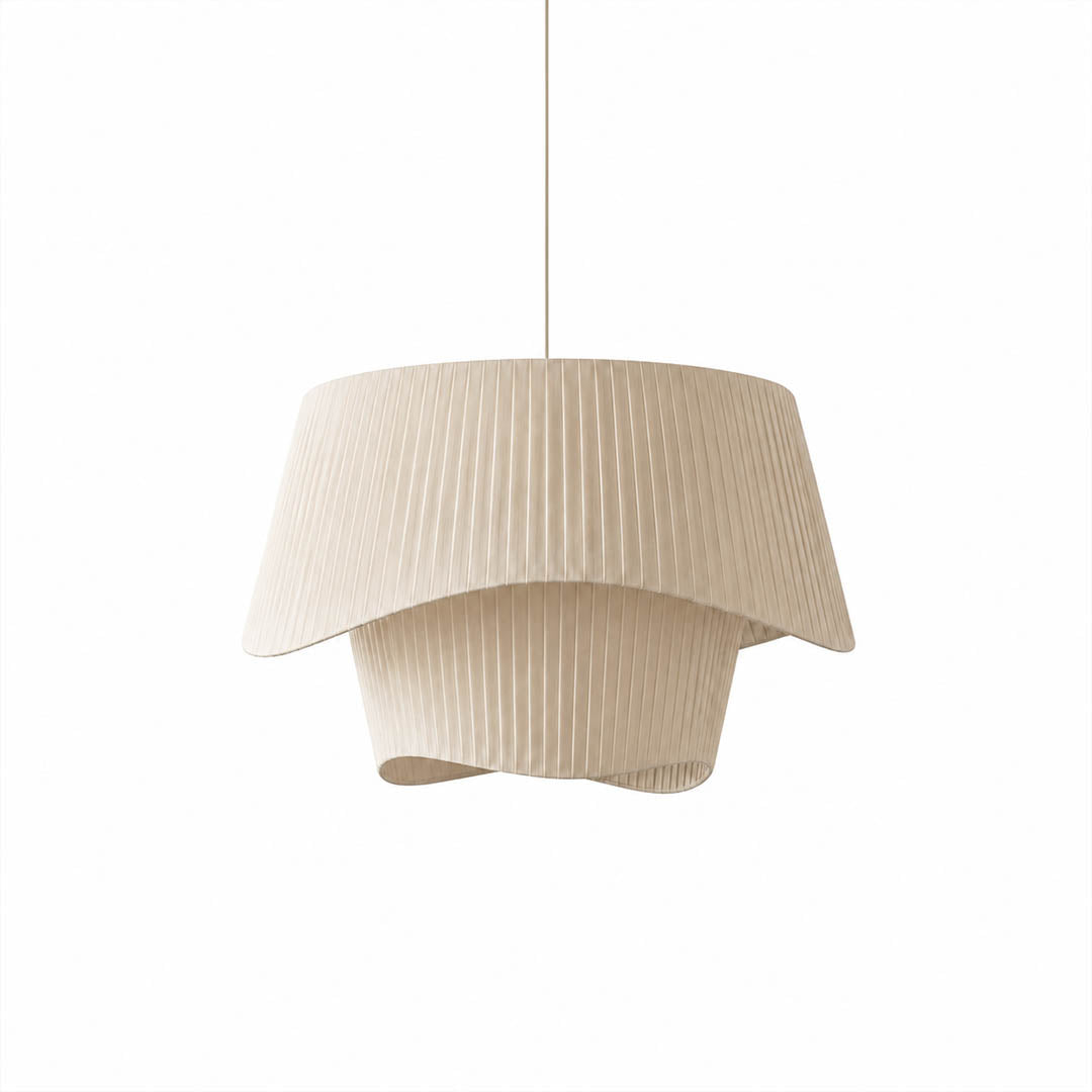 Plisse pleated pendant light beige fabric drum shade hand pleated sculptural modern white background front view
