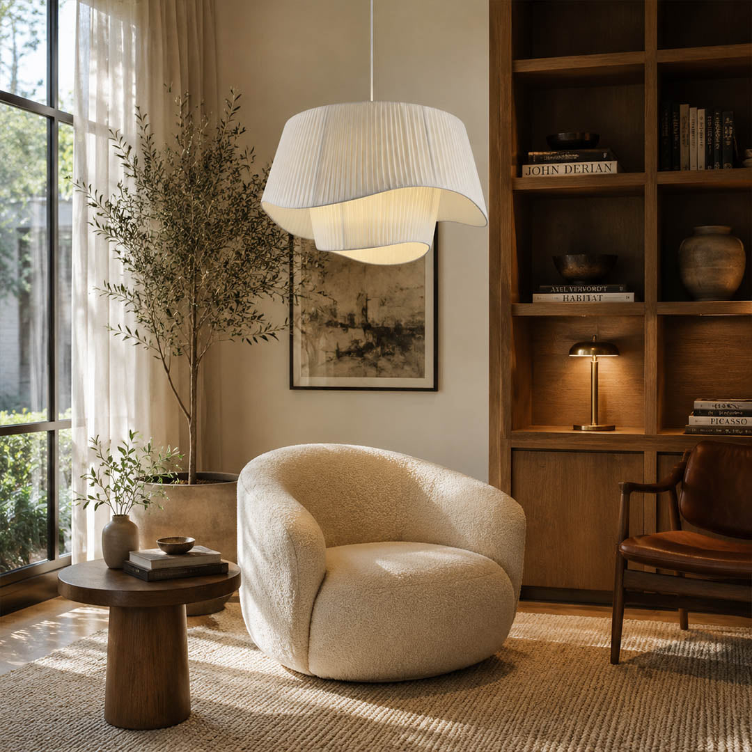 Plisse pleated pendant light bedroom beige pleated fabric soft warm calming ambient American home lifestyle interior