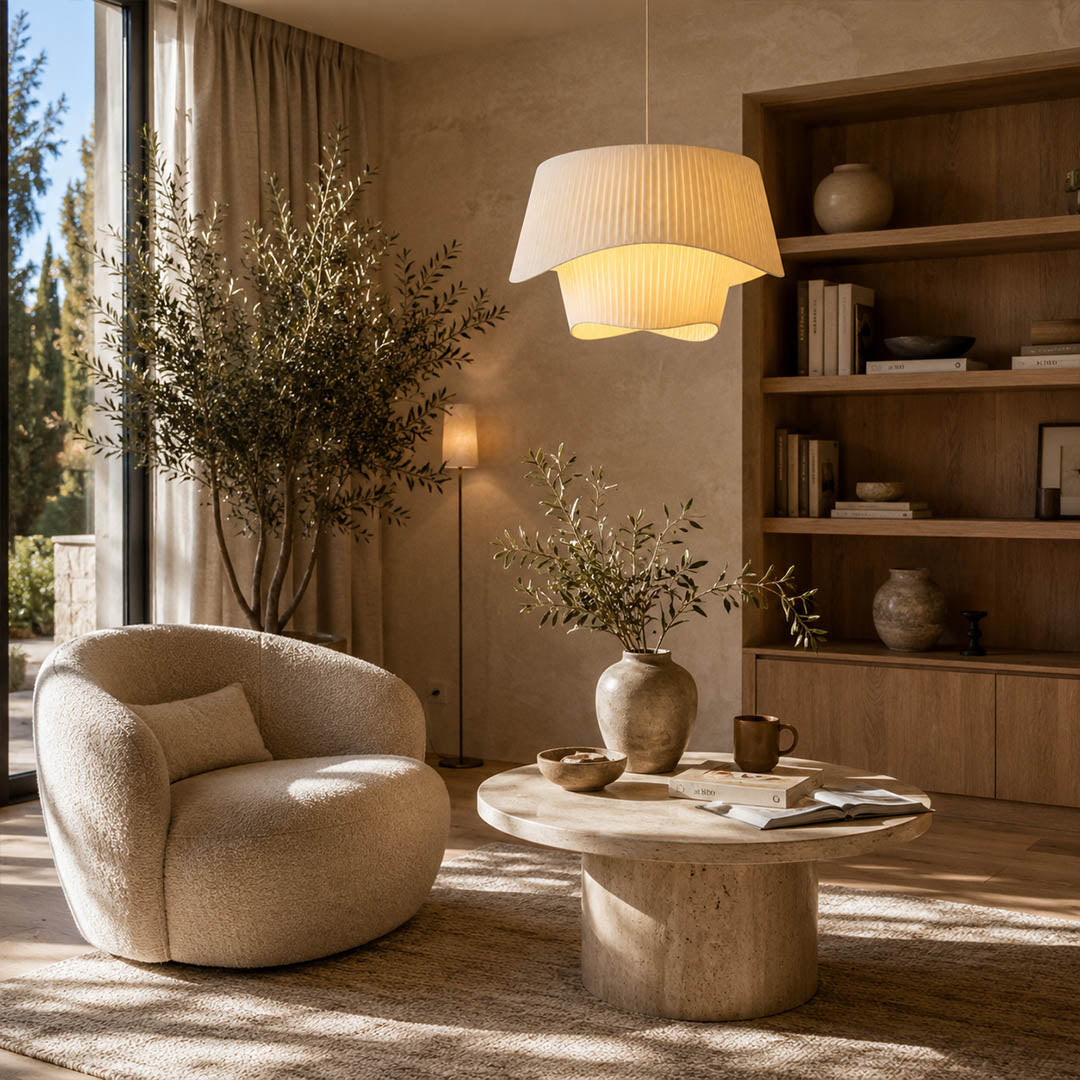 Plisse pleated pendant light bedroom beige pleated fabric soft warm calming ambient American home lifestyle interior