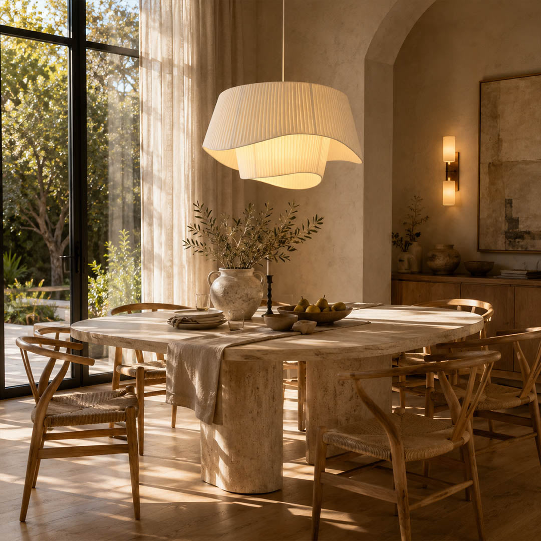 Plisse pleated pendant light above dining table beige fabric pleated warm soft glow modern farmhouse American home lifestyle interior