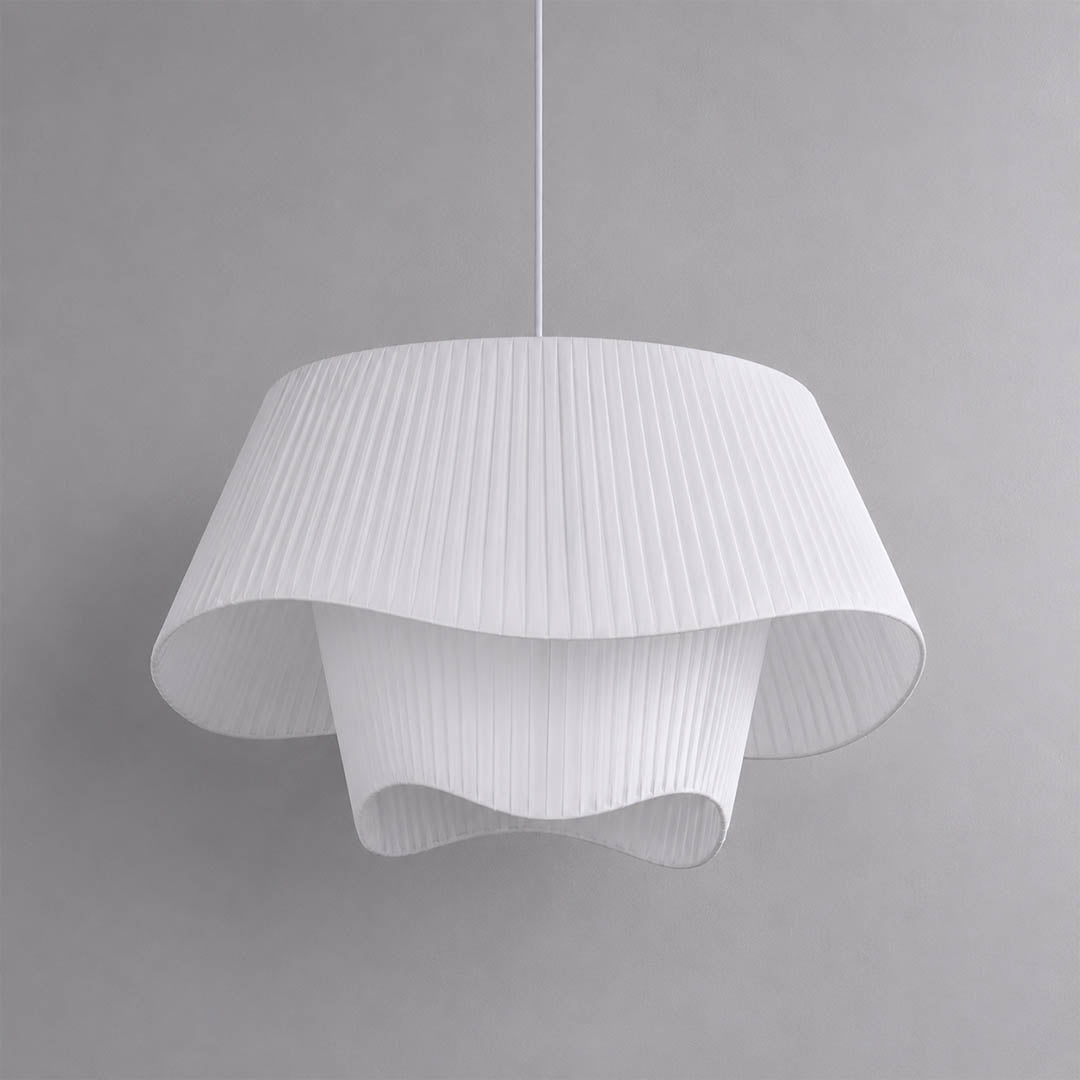 Plisse pleated pendant light white fabric drum shade hand pleated sculptural modern white background front view