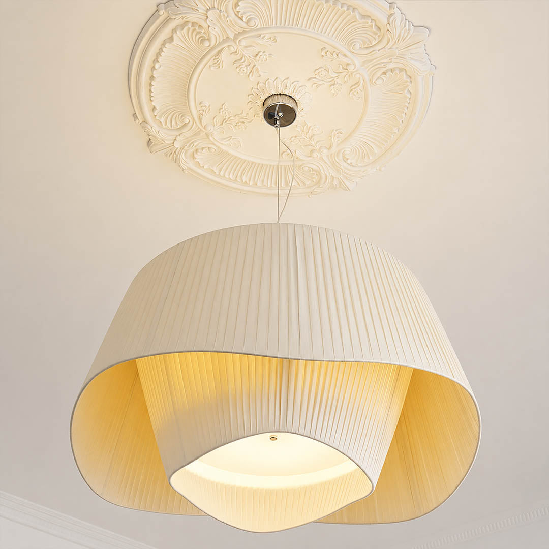 Plisse pleated pendant light entryway foyer white pleated fabric shade warm welcoming modern American home lifestyle interior