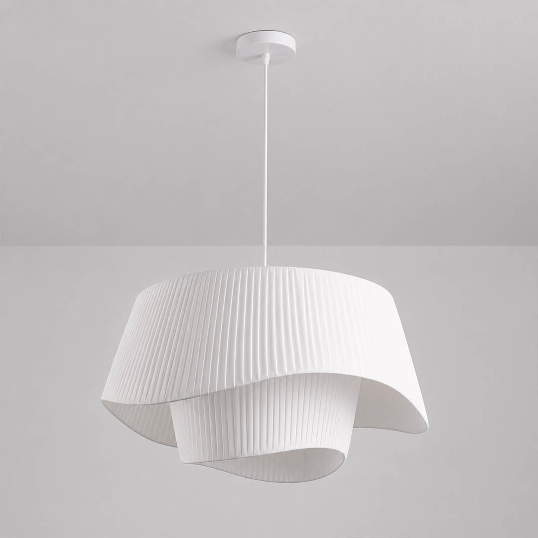 Plisse pleated pendant light white fabric drum shade hand pleated sculptural modern white background front view