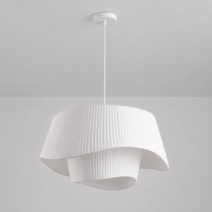 Plisse pleated pendant light white fabric drum shade hand pleated sculptural modern white background front view