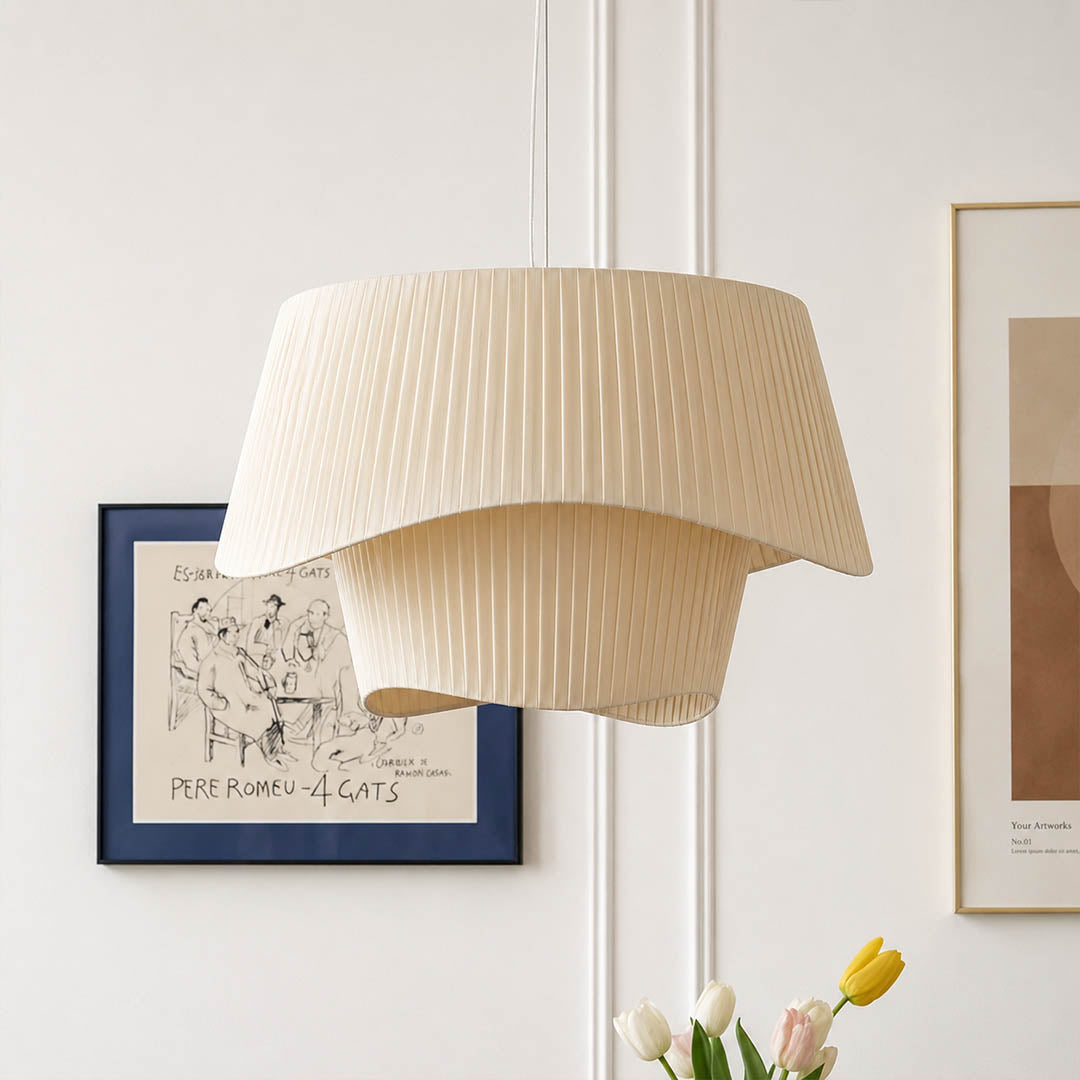 Plisse pleated pendant light hand pleated plisse fabric texture folds craftsmanship detail close up premium