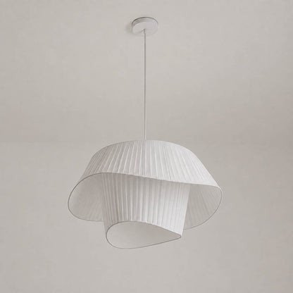 Plisse pleated pendant light white fabric drum shade hand pleated sculptural modern white background front view