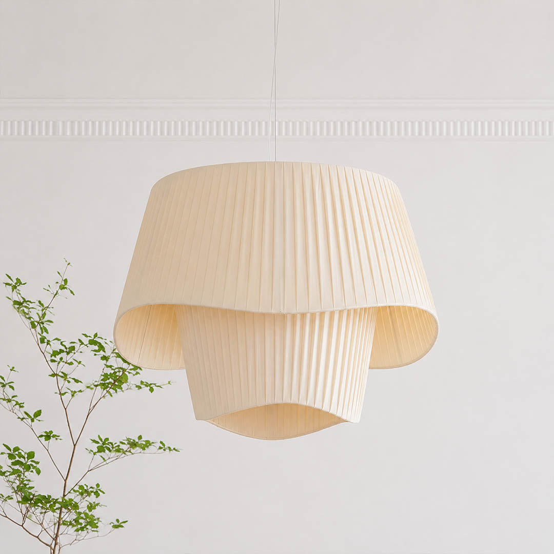 Plisse pleated pendant light hand pleated plisse fabric texture folds craftsmanship detail close up premium