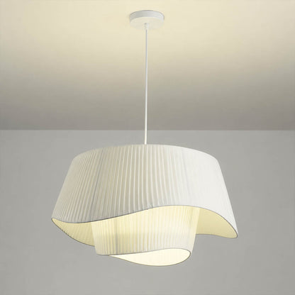 Plisse pleated pendant light white fabric drum shade hand pleated sculptural modern white background front view