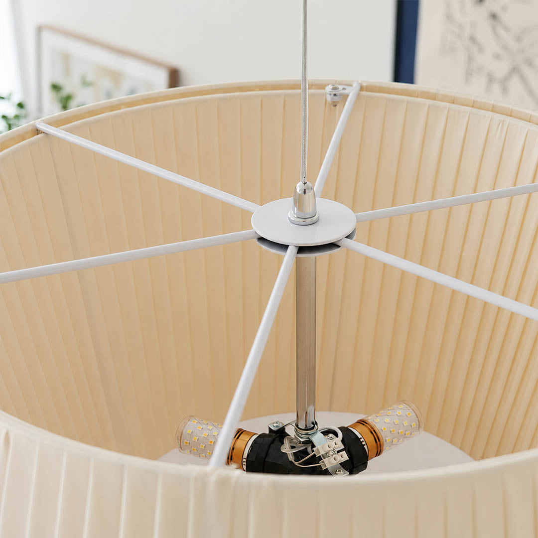 Plisse pleated pendant light ceiling canopy suspension cord hardwired detail close up hardware