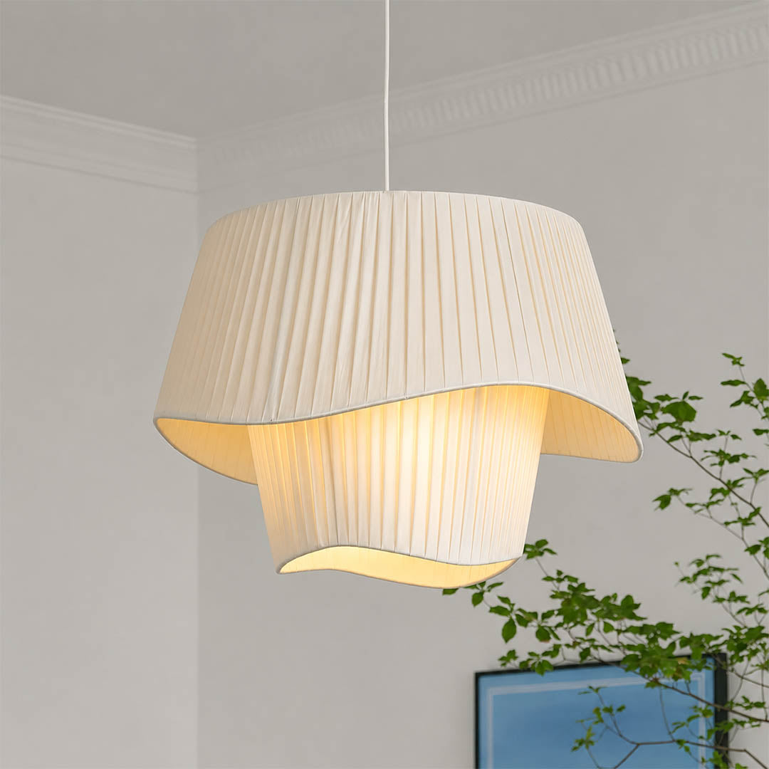Plisse pleated pendant light entryway foyer white pleated fabric shade warm welcoming modern American home lifestyle interior