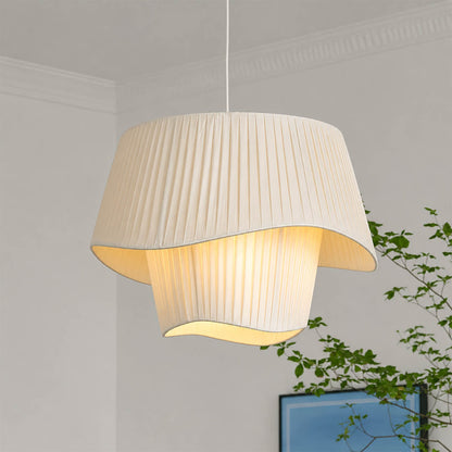 Plisse pleated pendant light entryway foyer white pleated fabric shade warm welcoming modern American home lifestyle interior