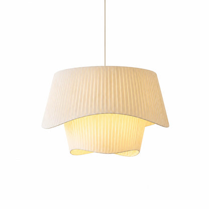 Plisse pleated pendant light beige fabric drum shade hand pleated sculptural modern white background front view