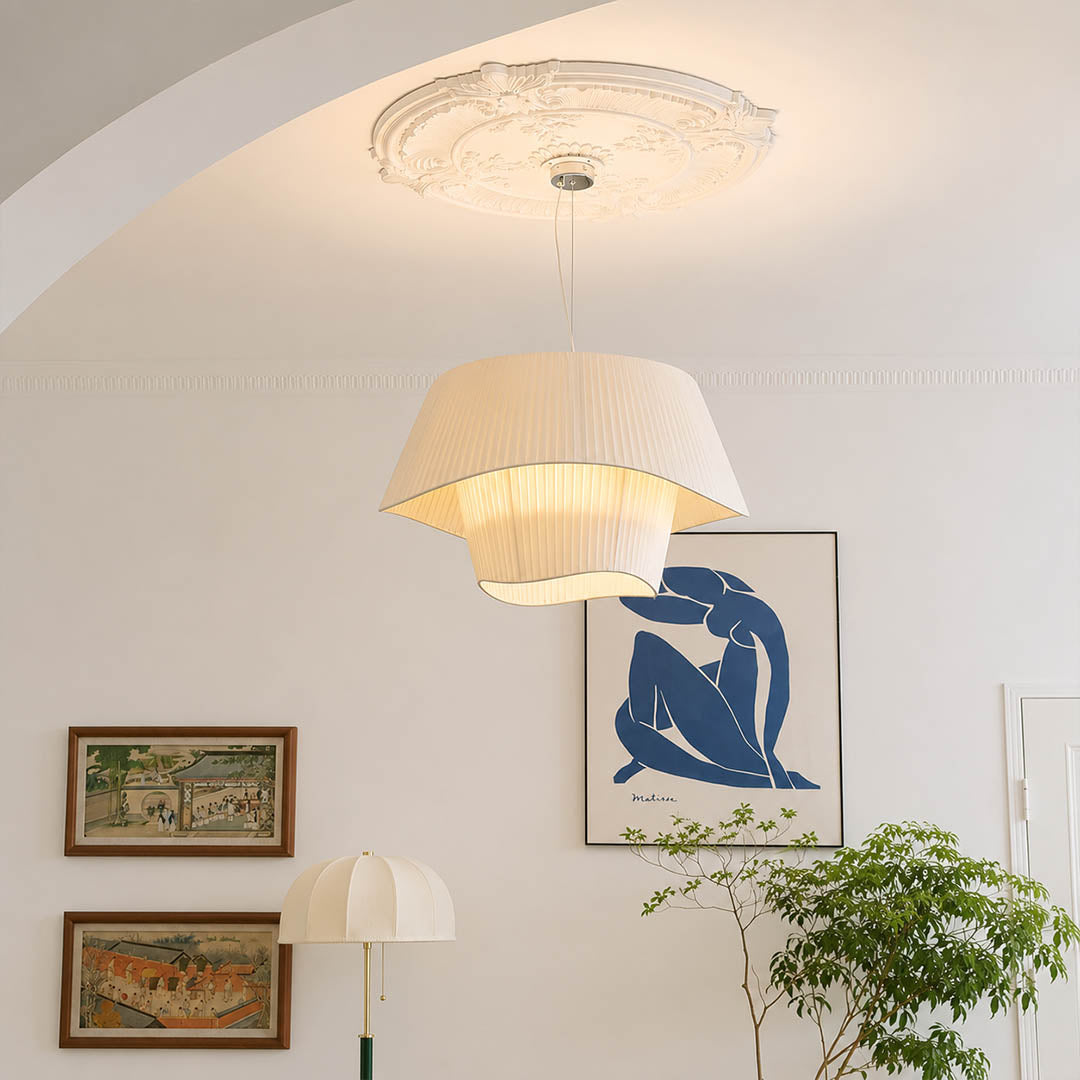 Plisse pleated pendant light entryway foyer white pleated fabric shade warm welcoming modern American home lifestyle interior