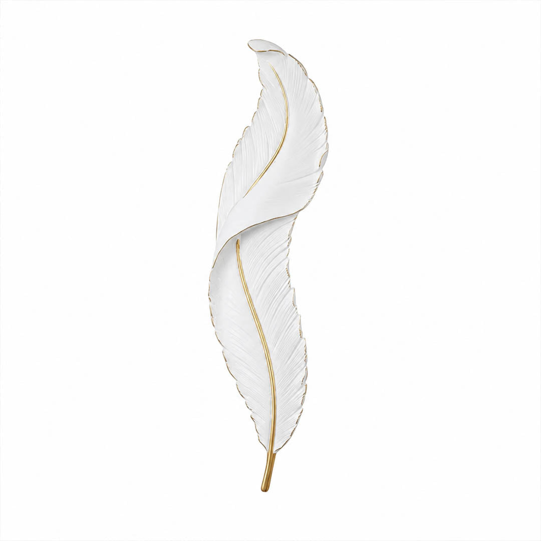 Plume feather wall sconce white gold resin sculptural art deco short size illuminated LED statement white background front view