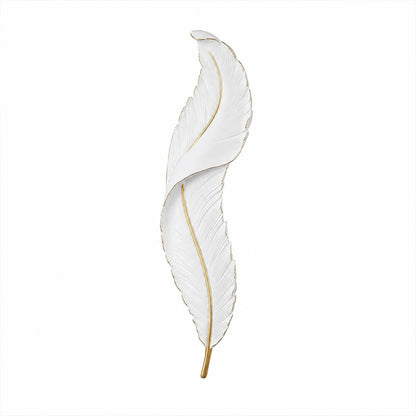 Plume feather wall sconce white gold resin sculptural art deco short size illuminated LED statement white background front view