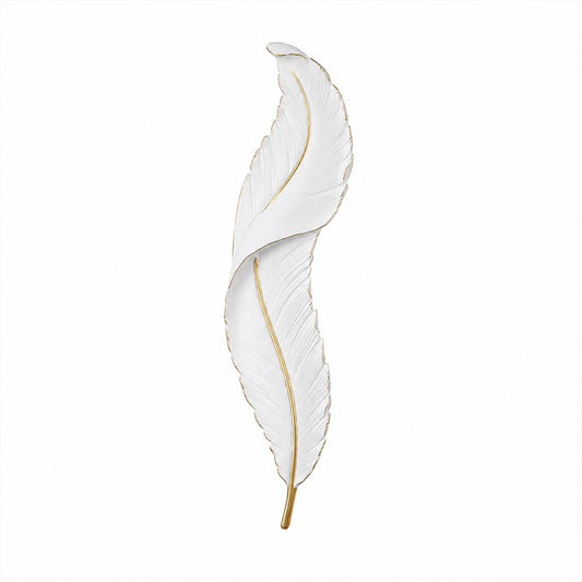 Plume feather wall sconce white gold resin sculptural art deco short size illuminated LED statement white background front view