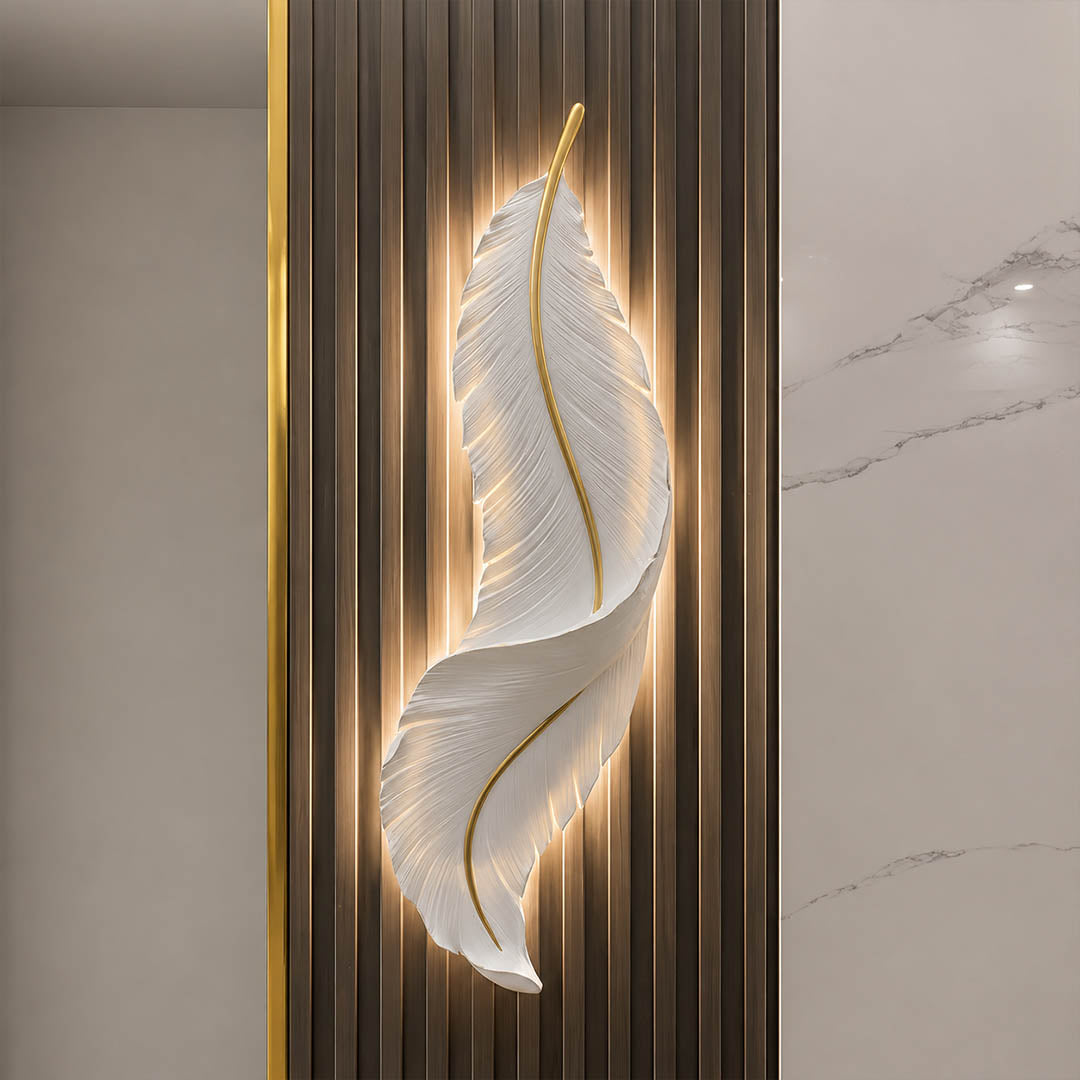 Plume feather wall sconce white gold pair entryway console table foyer art deco symmetrical illuminated glam American home lifestyle interior