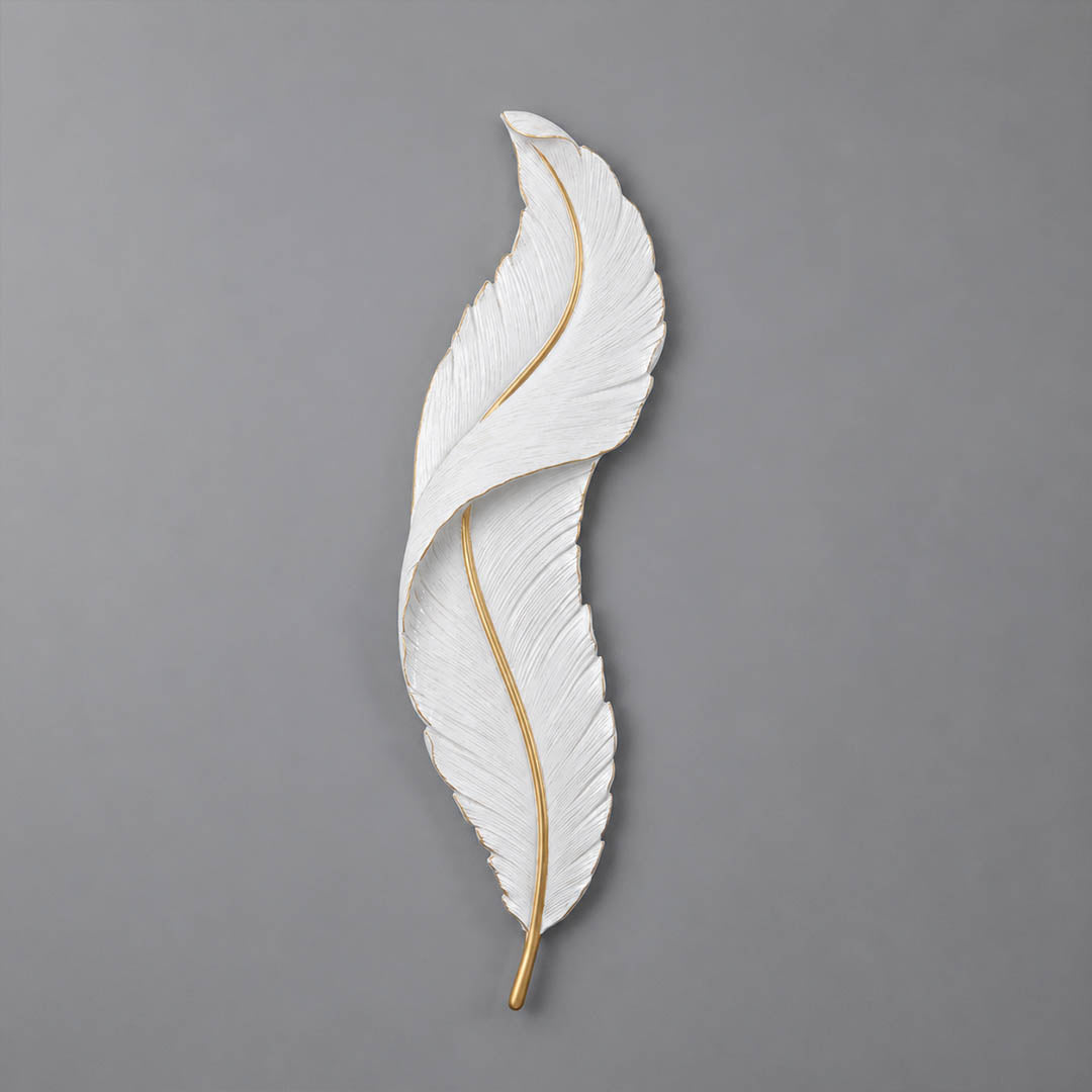 Plume feather wall sconce white gold resin sculptural art deco short size illuminated LED statement white background front view