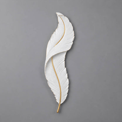 Plume feather wall sconce white gold resin sculptural art deco short size illuminated LED statement white background front view