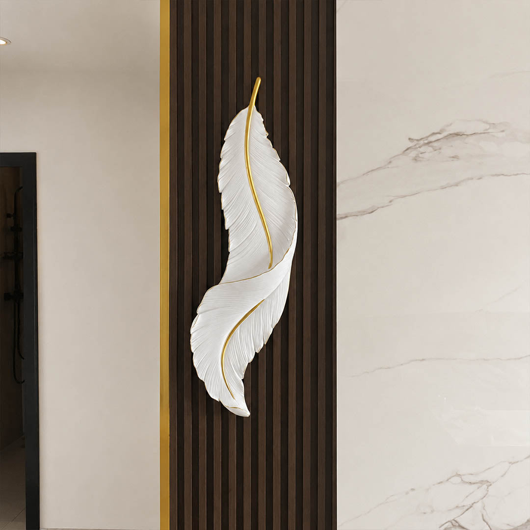 Plume feather wall sconce white gold pair entryway console table foyer art deco symmetrical illuminated glam American home lifestyle interior