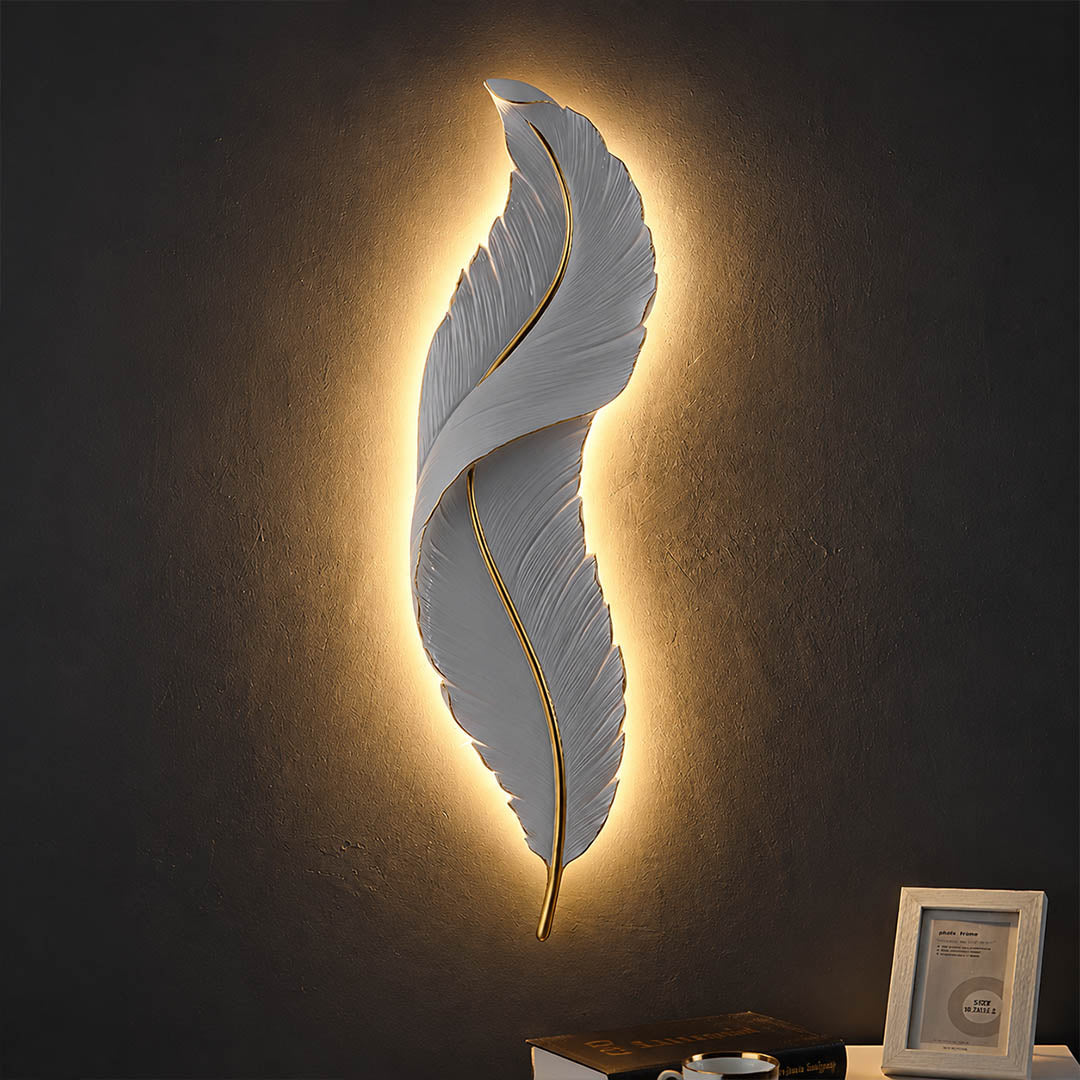 Plume feather wall sconce sculptural feather texture resin handcrafted detail intricate art deco carved close up premium unique