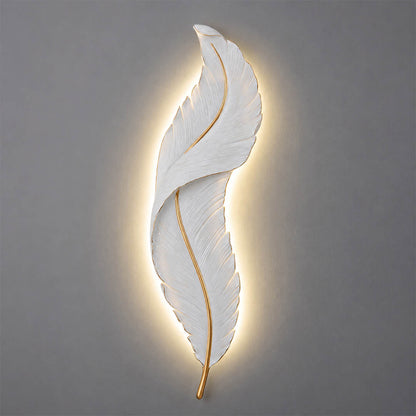 Plume feather wall sconce illuminated three color temperature warm neutral cool white gold resin art deco glow white background