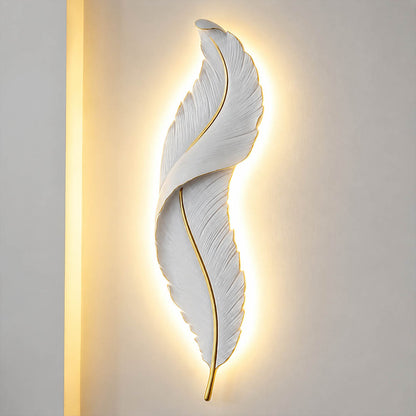 Plume feather wall sconce white gold resin sculptural art deco short size illuminated LED statement white background front view