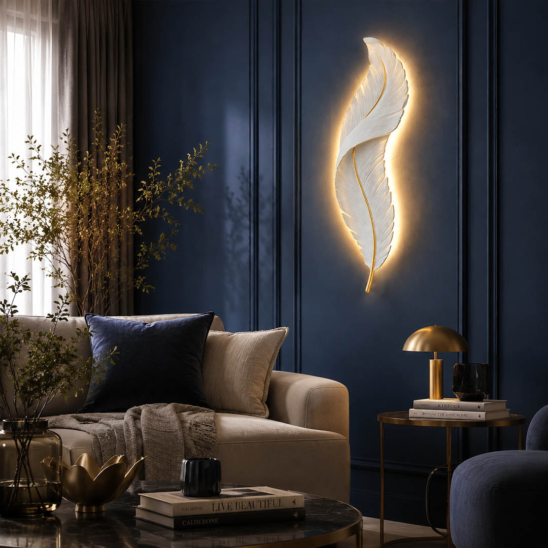 Plume feather wall sconce sculptural feather texture resin handcrafted detail intricate art deco carved close up premium unique