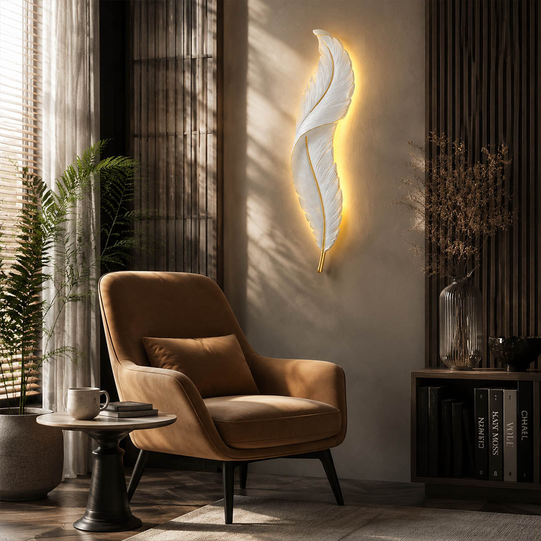 Plume feather wall sconce white gold pair living room sofa feature accent wall art deco illuminated statement American home lifestyle interior