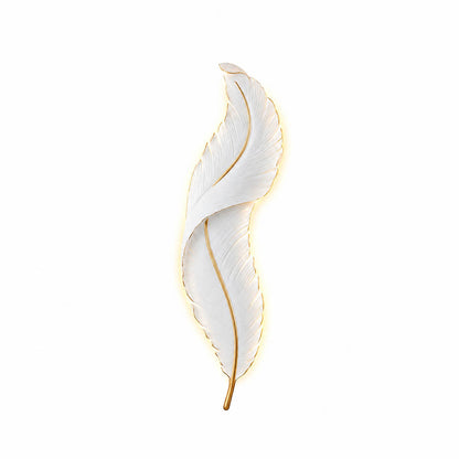 Plume feather wall sconce white gold resin sculptural art deco tall size illuminated LED statement white background front view