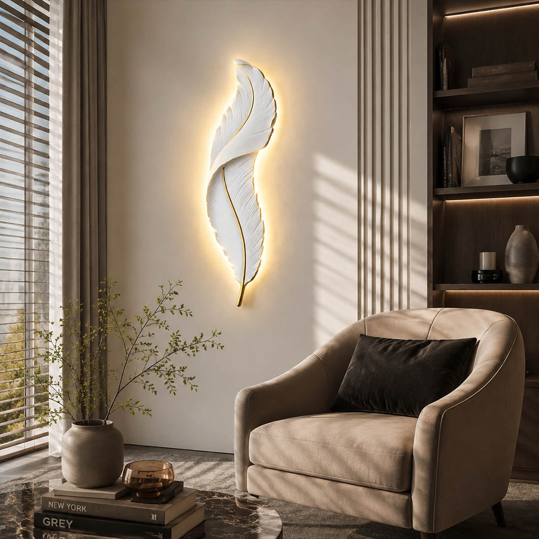 Plume feather wall sconce white gold pair living room sofa feature accent wall art deco illuminated statement American home lifestyle interior