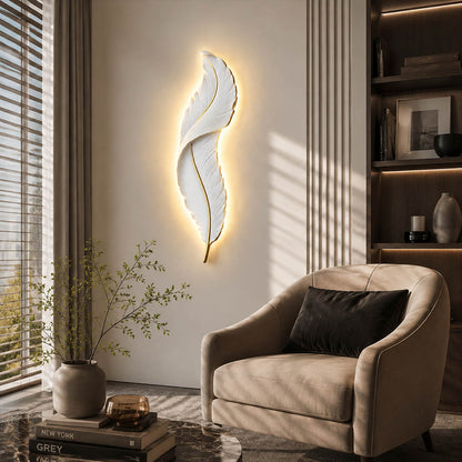 Plume feather wall sconce white gold pair living room sofa feature accent wall art deco illuminated statement American home lifestyle interior