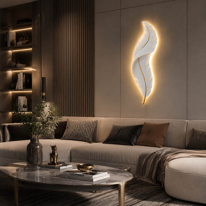 Plume feather wall sconce white gold pair living room sofa feature accent wall art deco illuminated statement American home lifestyle interior