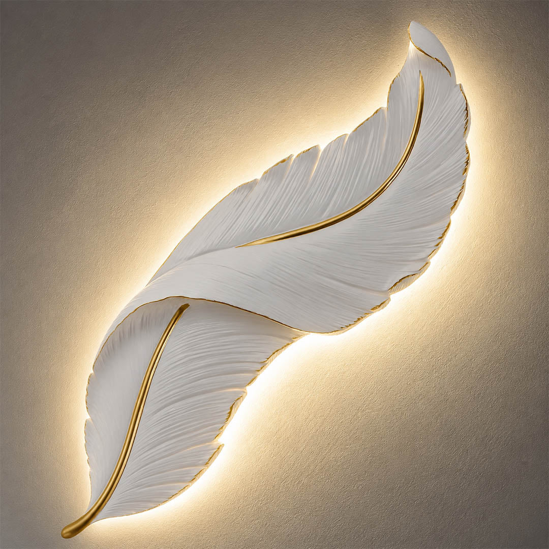 Plume feather wall sconce sculptural feather texture resin handcrafted detail intricate art deco carved close up premium unique