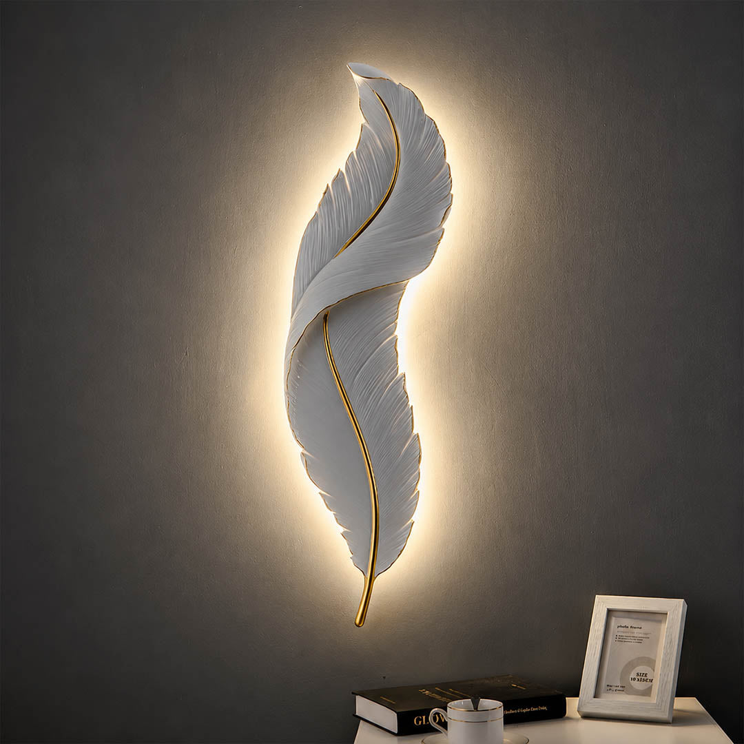 Plume feather wall sconce white gold staircase stairway wall vertical art deco tall illuminated statement American home lifestyle interior