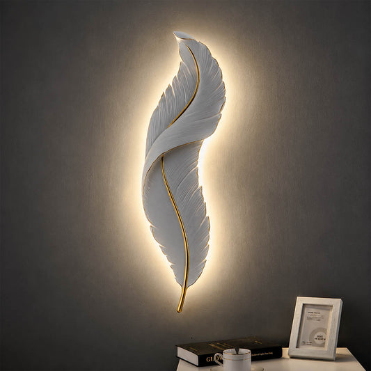 Plume feather wall sconce white gold staircase stairway wall vertical art deco tall illuminated statement American home lifestyle interior