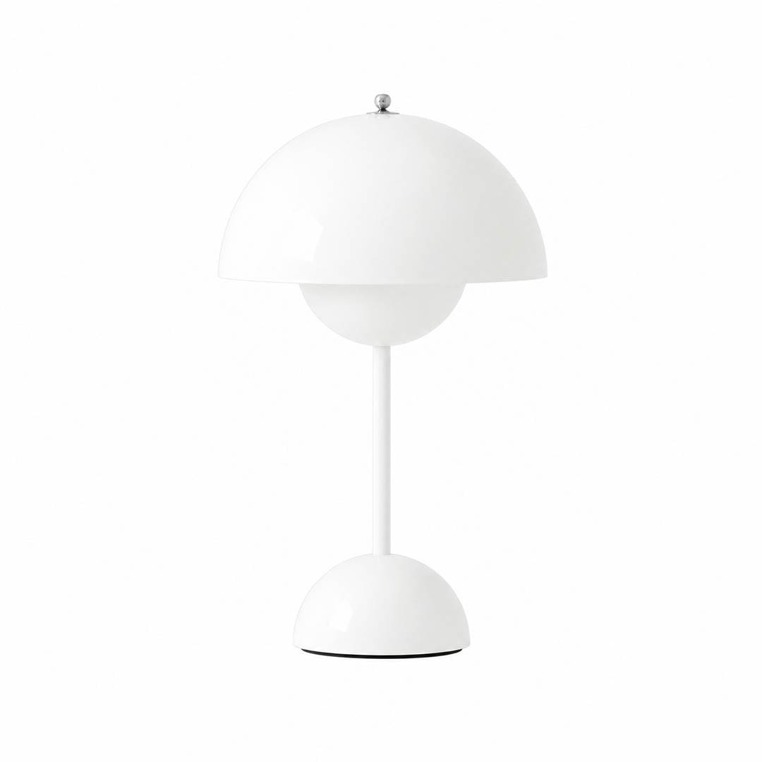 Poppy VP9 style cordless mushroom table lamp Matte White minimalist Mid Century designer tribute white background
