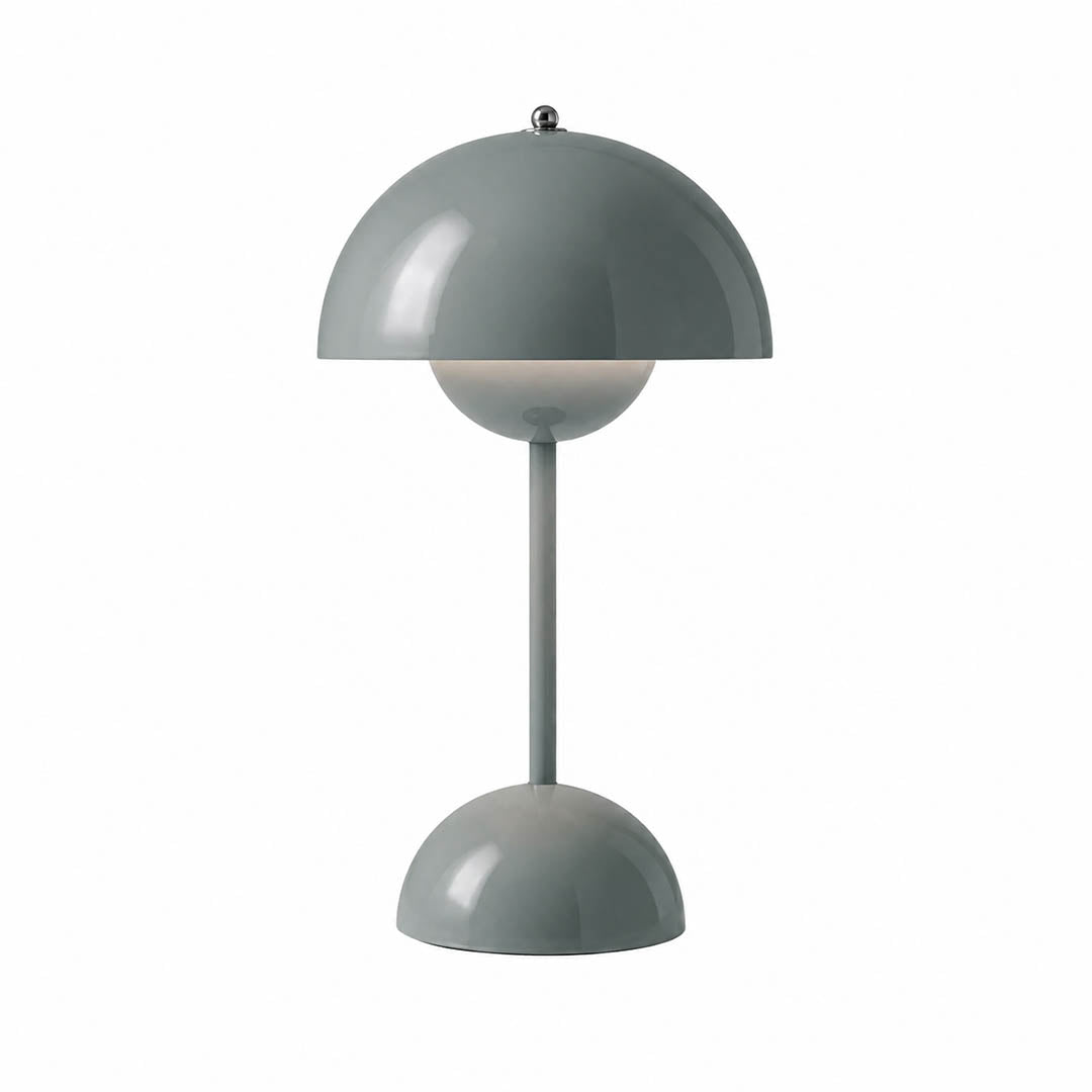 Poppy VP9 style cordless mushroom table lamp Mid Century designer tribute touch dimming rechargeable white background